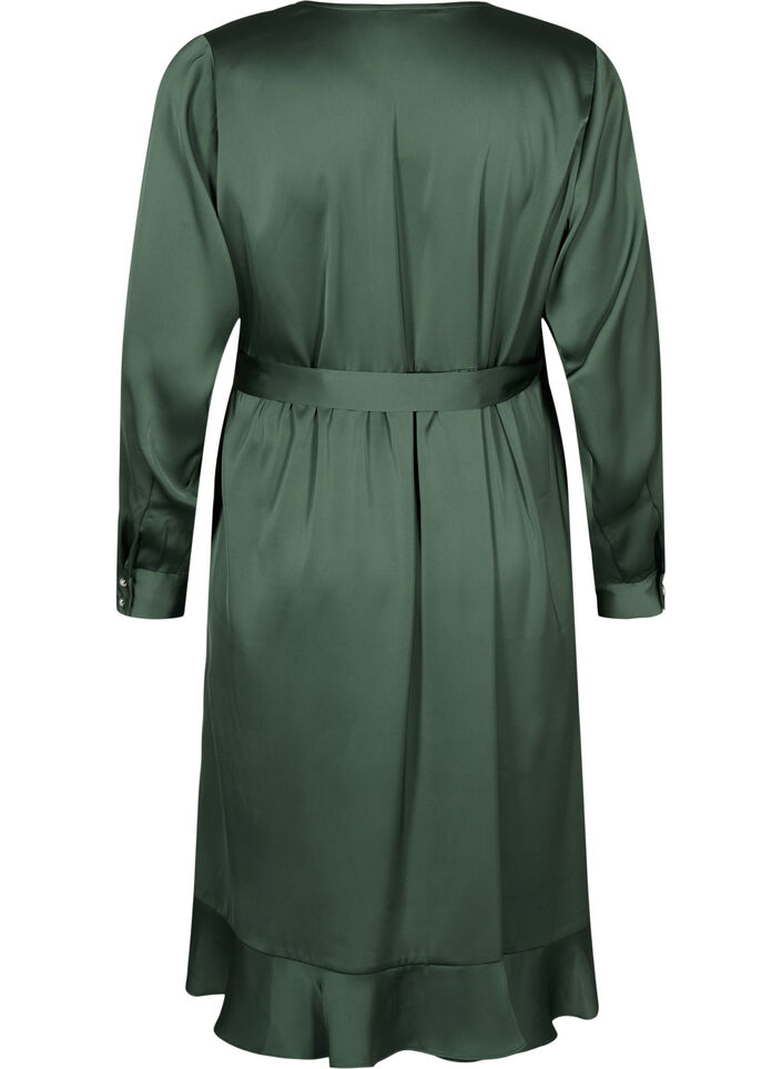Robe portefeuille en satin à manches longues, Duck Green, Packshot image number 1