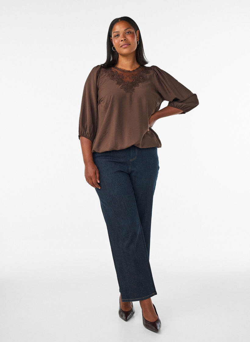 Blouse avec manches 3/4 et d&eacute;tails en dentelle, Marron, Model image number 1