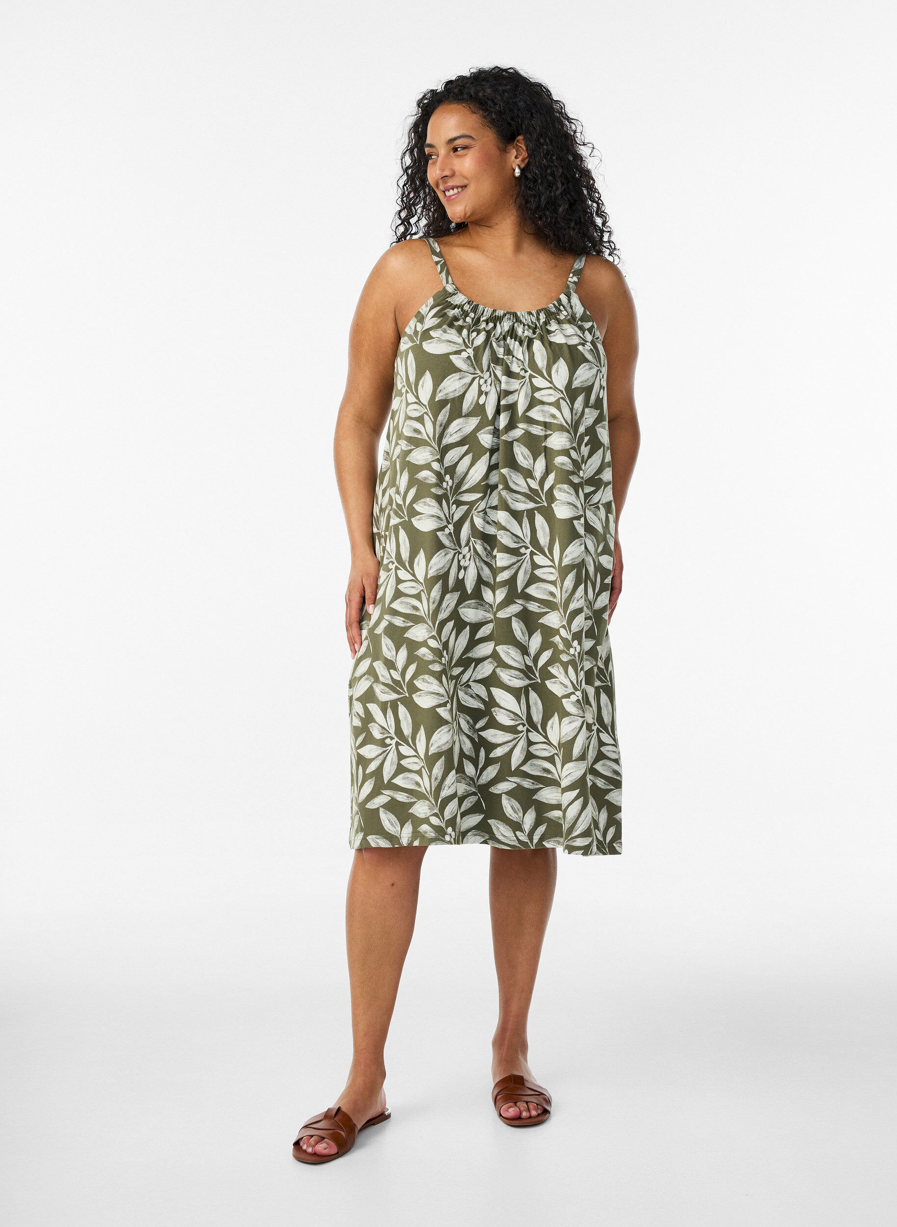 ZizziRobe &agrave; bretelles midi en coton bio, Vert clair, Model image number 1