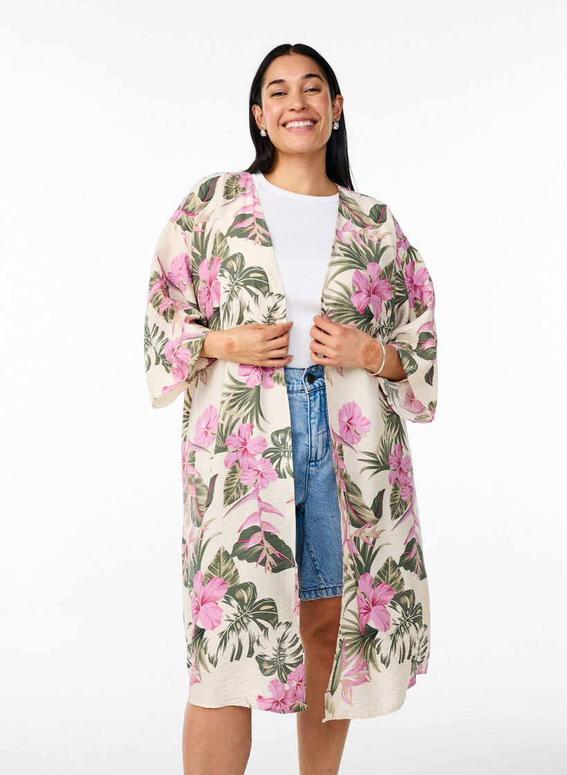 Kimono en viscose avec manches 3/4, Vanille, Model image number 0