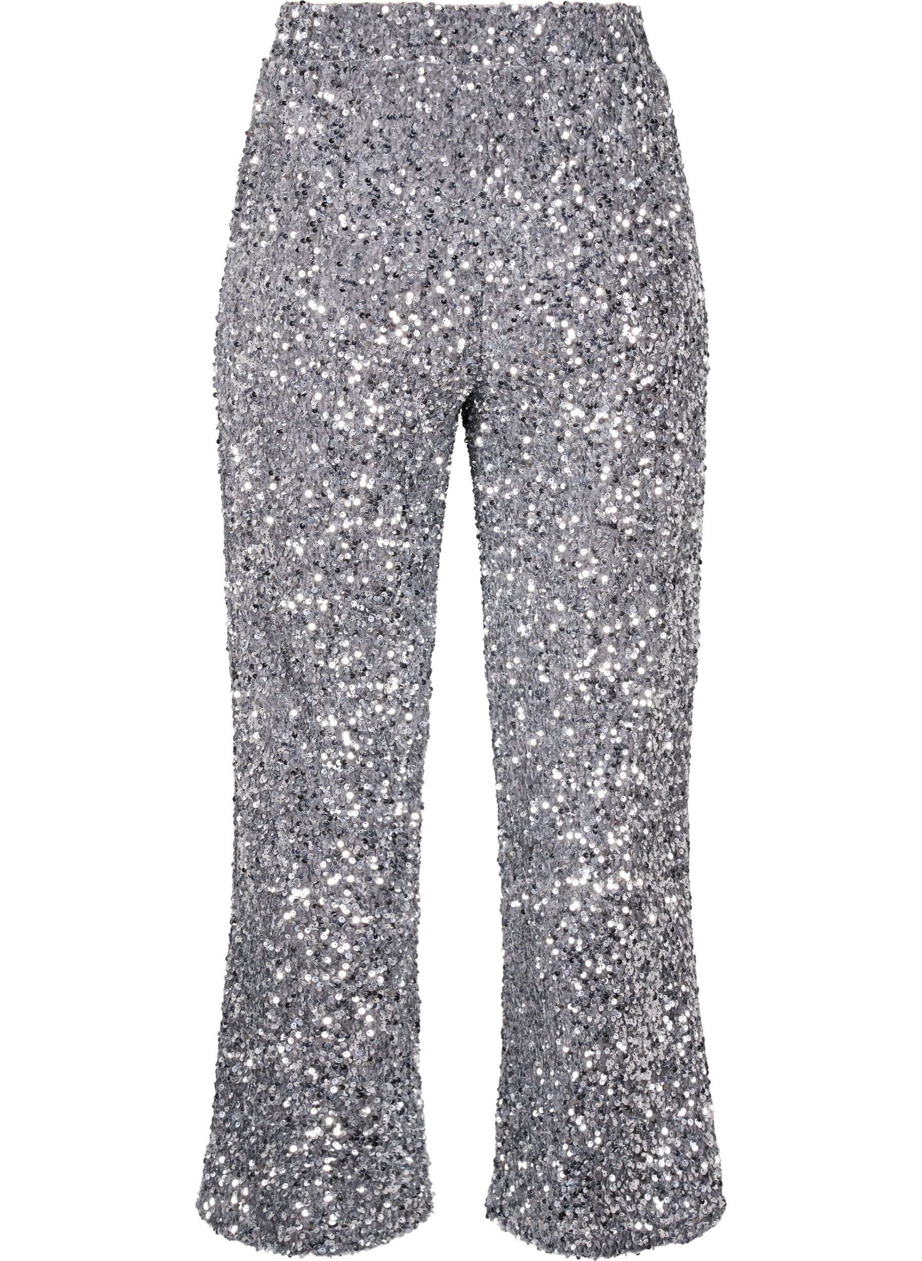 Zizzi Pantalon ample &agrave; paillettes taille haute, Silver, Packshot image number 1