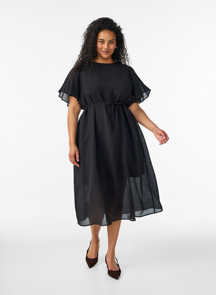 Robe longue avec manches papillon et taille &agrave; nouer, Noir, Model image number 0