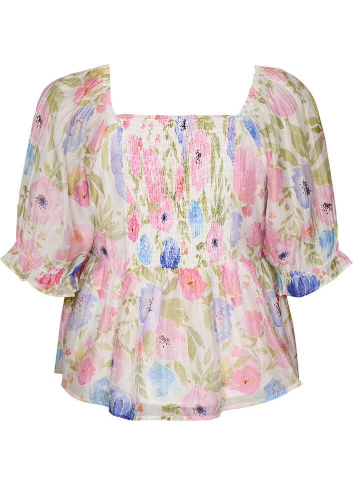 Blouse en lyocell &agrave; imprim&eacute; floral et d&eacute;collet&eacute; en c&oelig;ur, Blanc, Packshot image number 1
