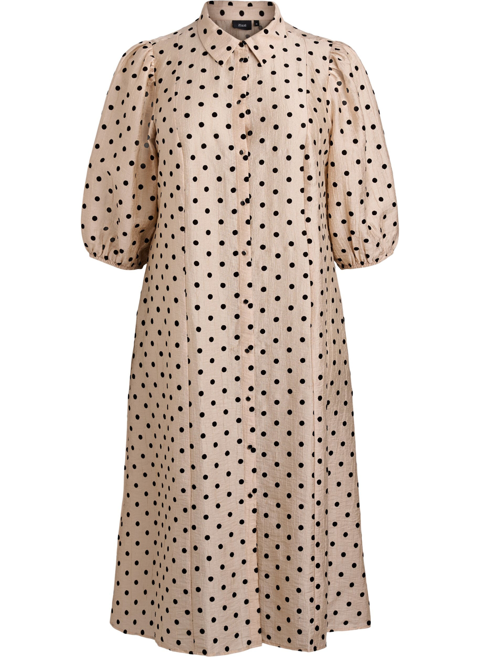Robe chemise midi &agrave; pois et manches trois-quarts