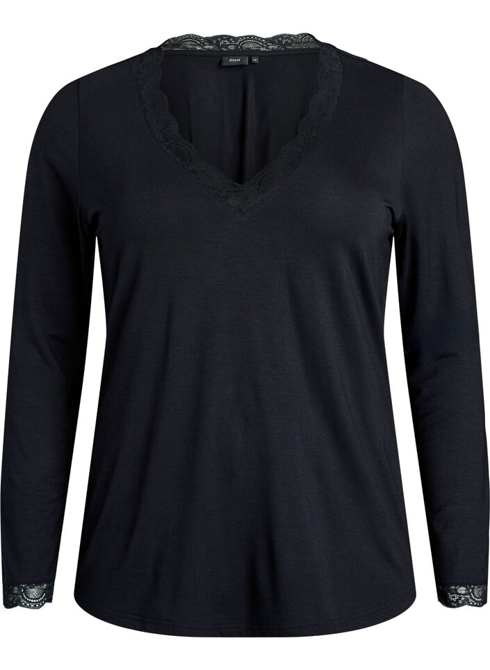 Blouse en viscose avec d&eacute;tails en dentelle et col en V, Noir, Packshot image number 0