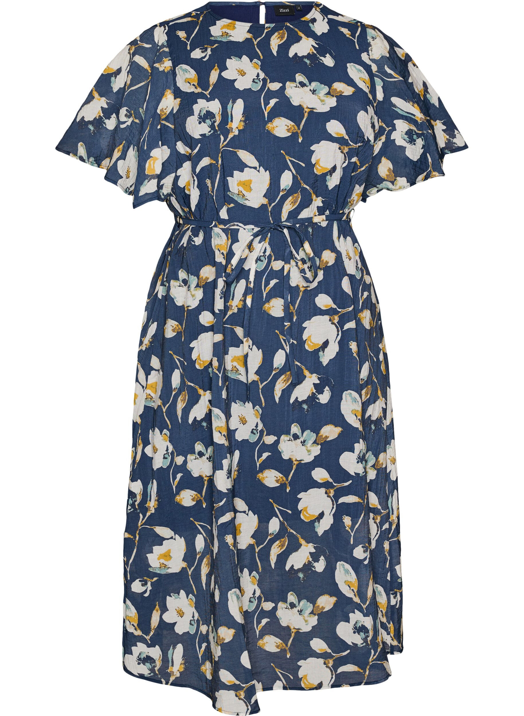 ZizziRobe longue avec manches papillon et taille &agrave; nouer, Bleu, Packshot image number 0