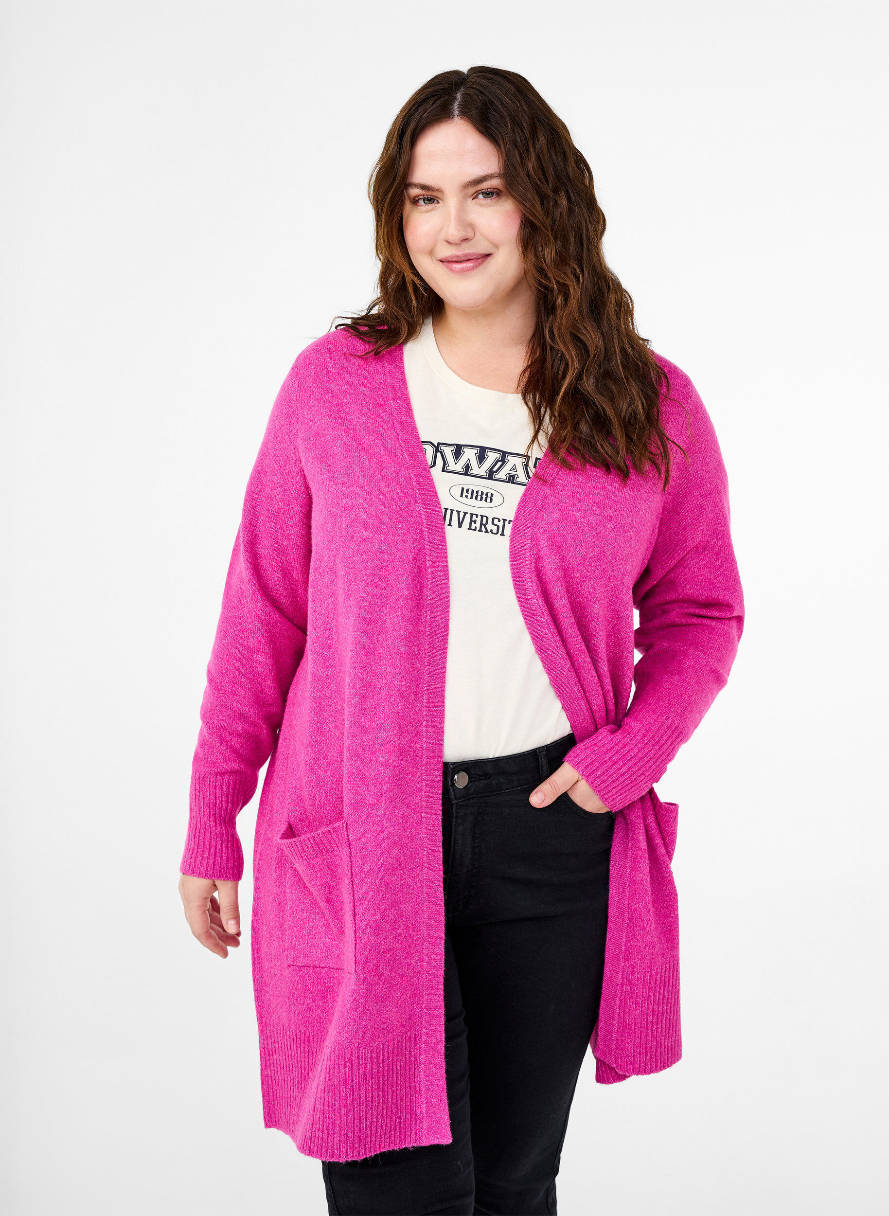 Zizzi Cardigan en tricot c&ocirc;tel&eacute; avec poches, Rose, Model image number 0