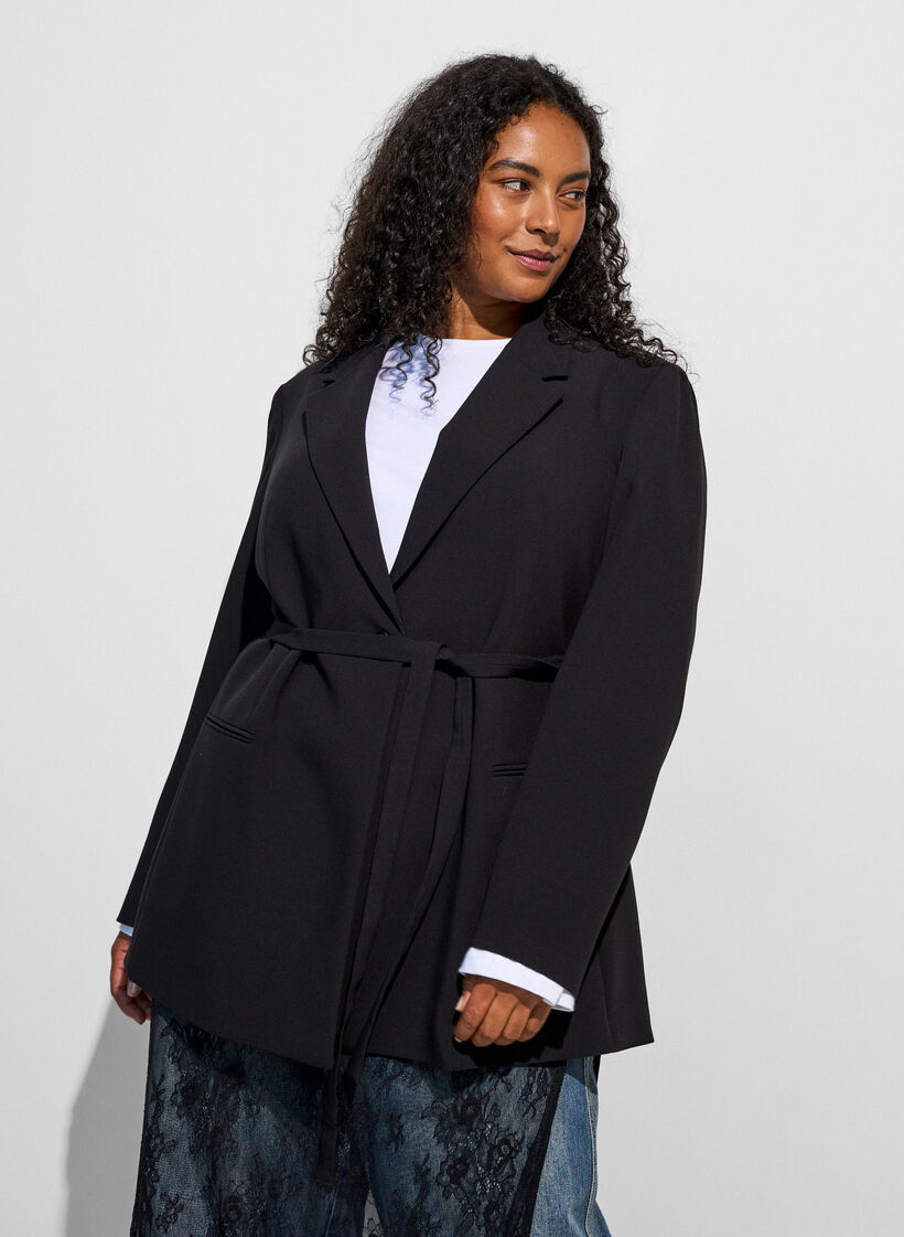 Blazer avec ceinture &agrave; nouer amovible, Noir, Model image number 3