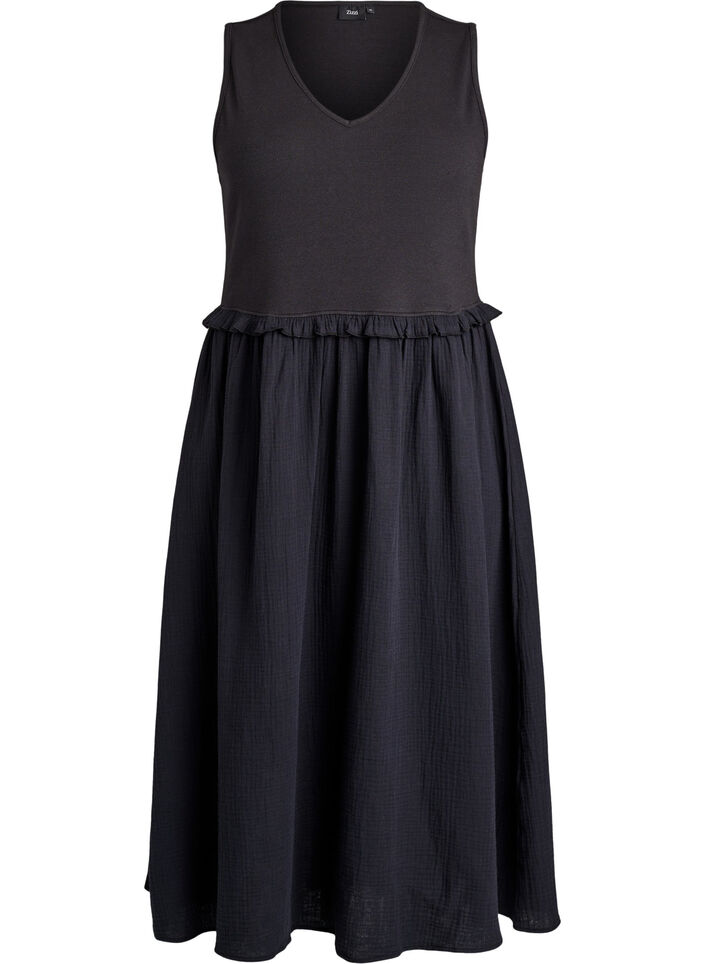 Robe midi sans manches en coton avec maille c&ocirc;tel&eacute;e et mousseline, Noir, Packshot image number 0