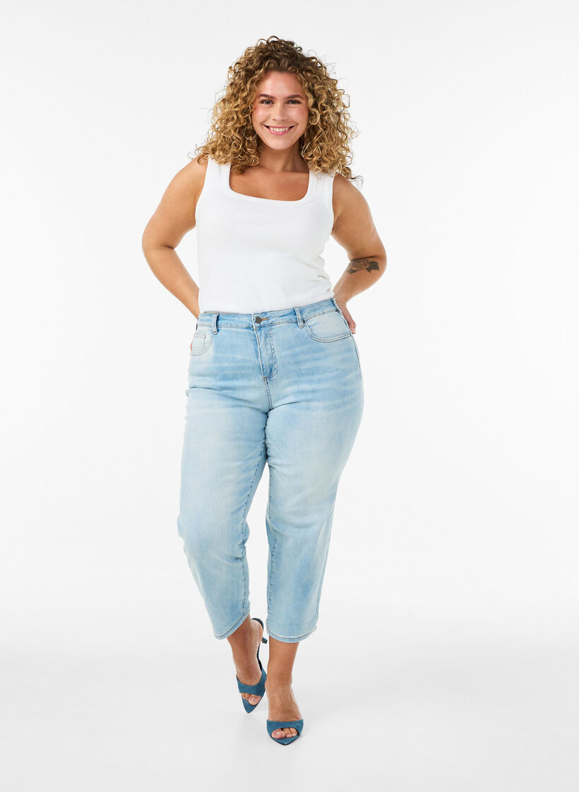 Jean 7/8 retrouss&eacute; et taille haute, Bleu Clair, Model image number 0
