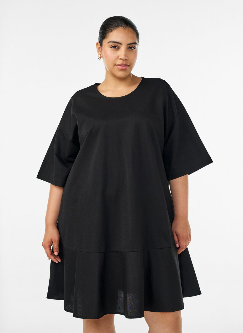 Robe courte ample avec ourlet &agrave; volants, Noir, Model image number 0