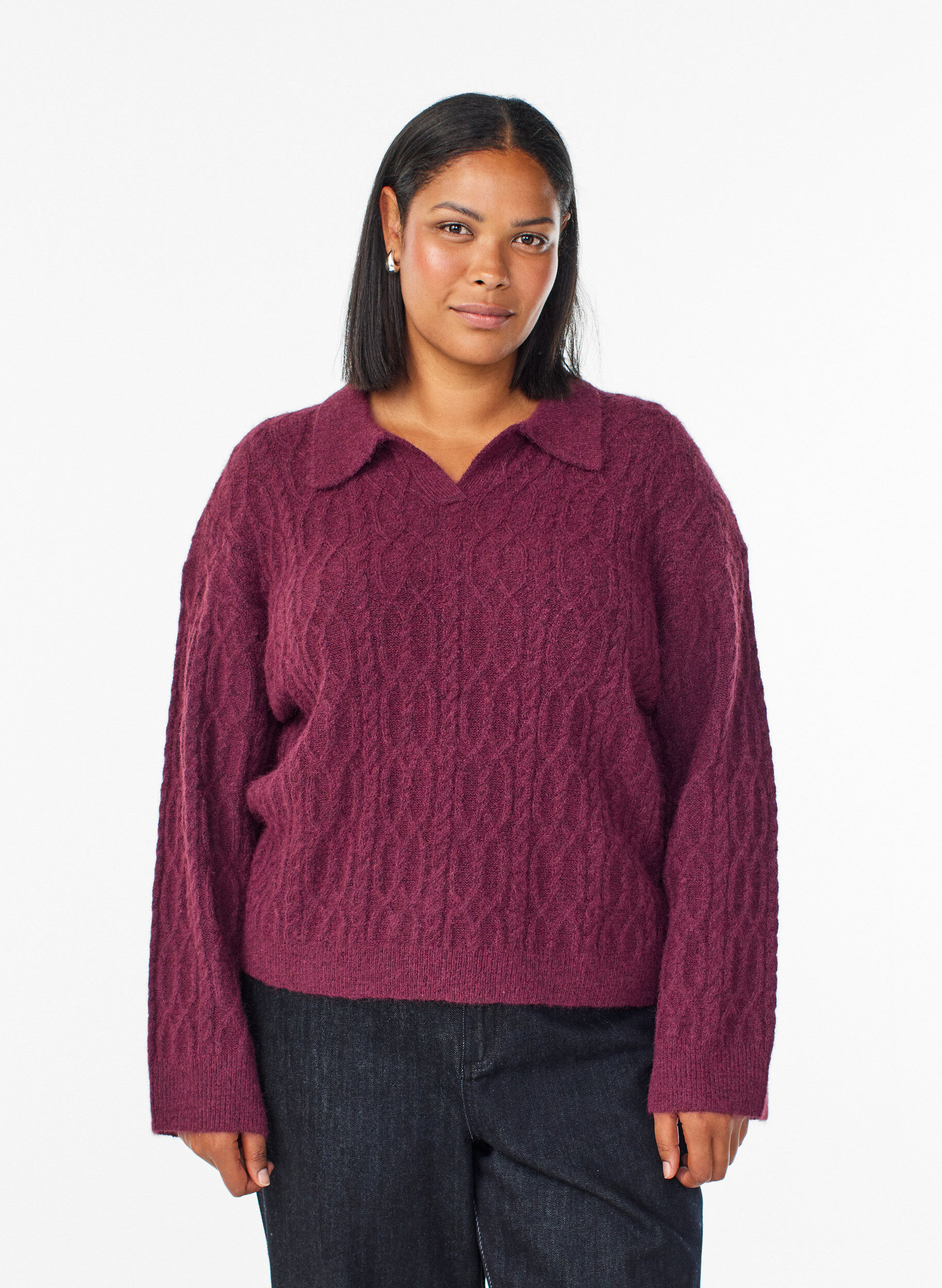 Pull torsad&eacute; avec col polo, Bordeaux fonc&eacute;, Model