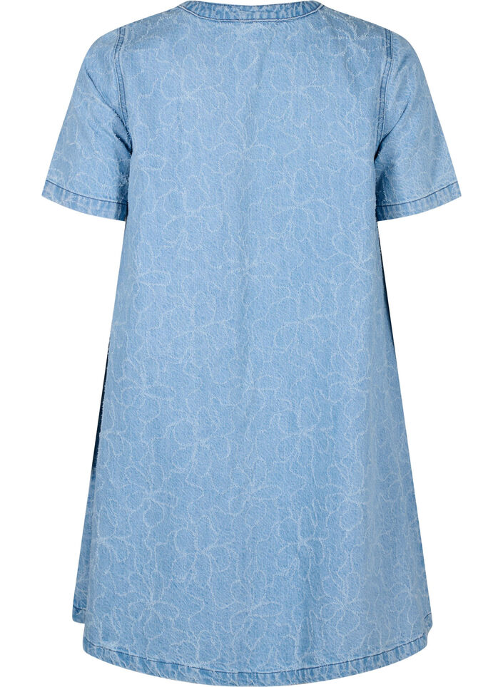 Robe courte en denim avec une coupe trapèze et un motif à nœuds, Bleu Clair, Packshot image number 1