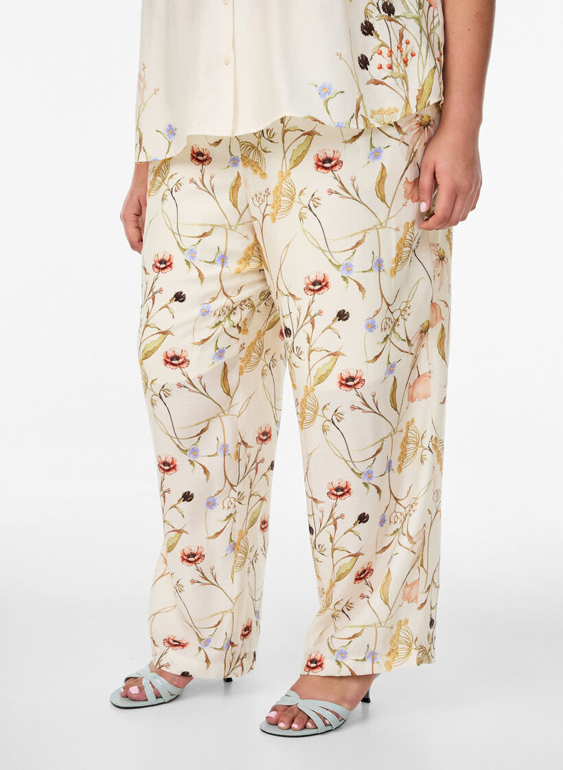 Pantalon taille haute en viscose &agrave; imprim&eacute; floral, Beige, Model image number 2