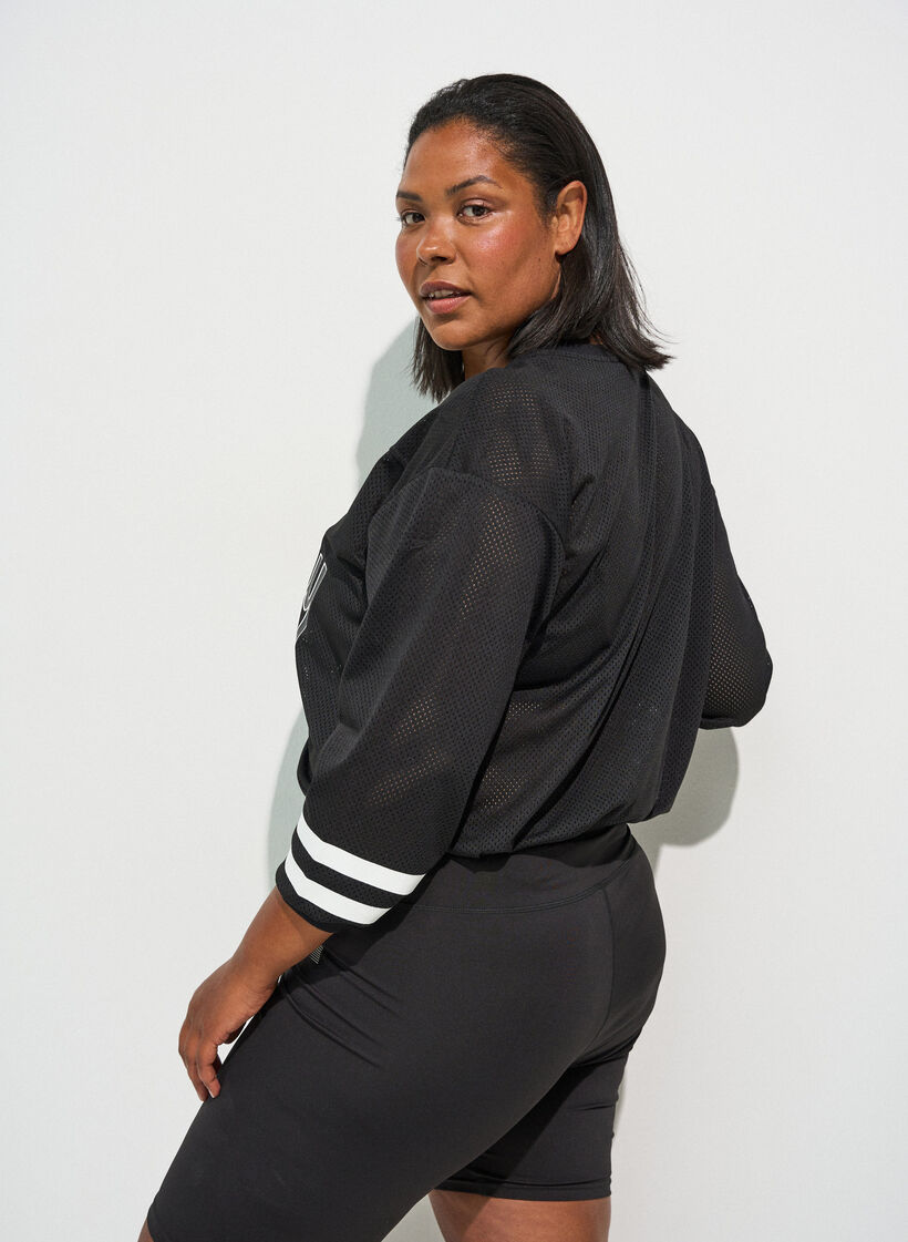 Haut sportif en maille avec imprim&eacute; texte, Noir, Model image number 2