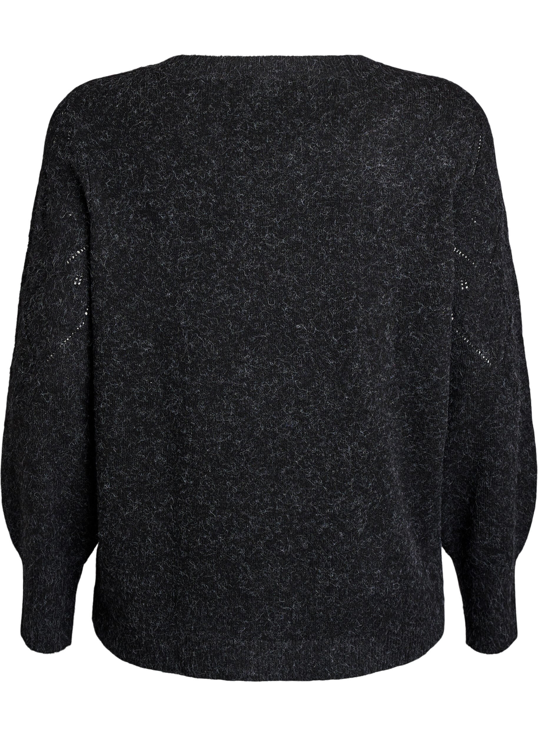 Zizzi Haut en maille &agrave; motif ajour&eacute; et manches ballon, Gris anthracite, Packshot image number 1