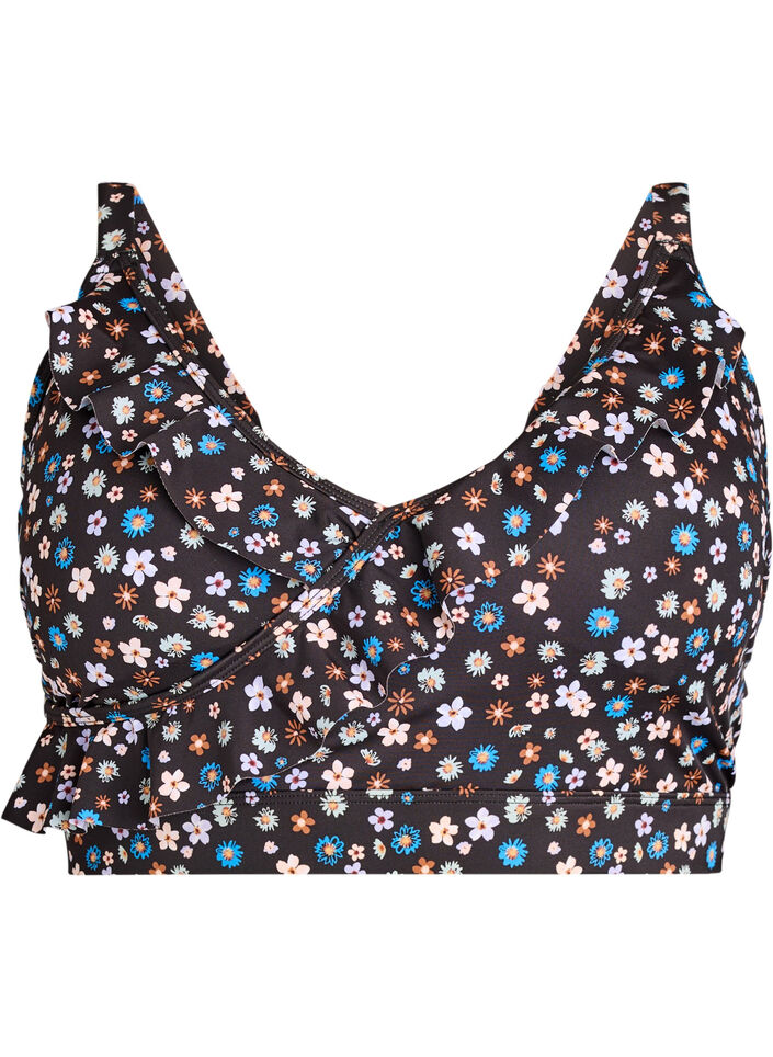 Haut de bikini à fleurs et à détails de jabot, Marron, Packshot image number 0