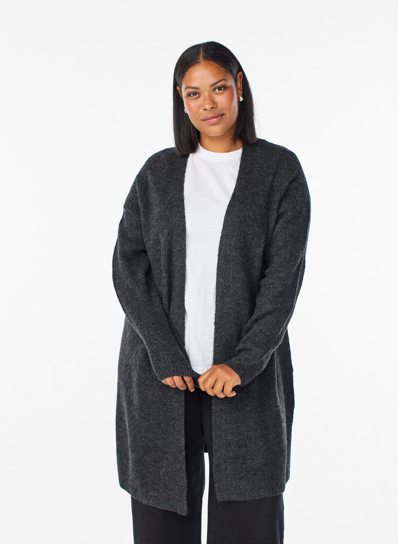 Cardigan long c&ocirc;tel&eacute; sans fermeture, Gris anthracite, Model image number 0
