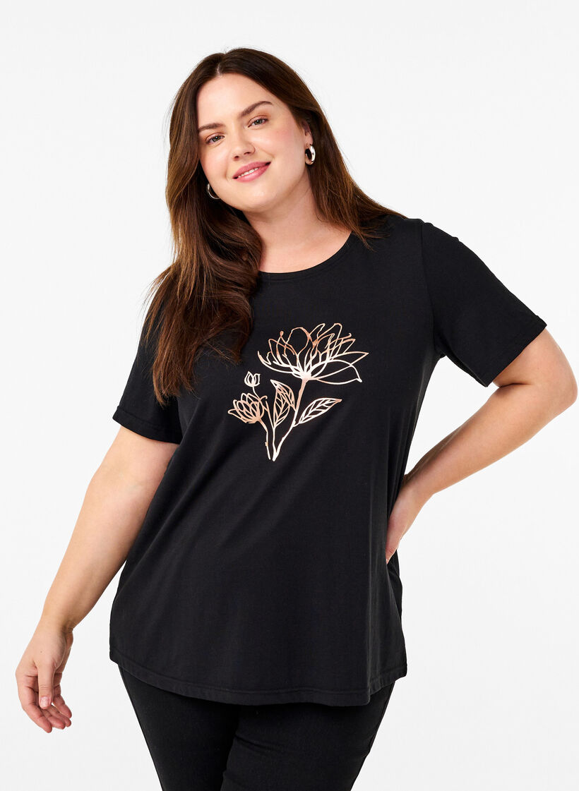 FLASH – T-shirt imprimé, Black R. Gold Flower, Model image number 0