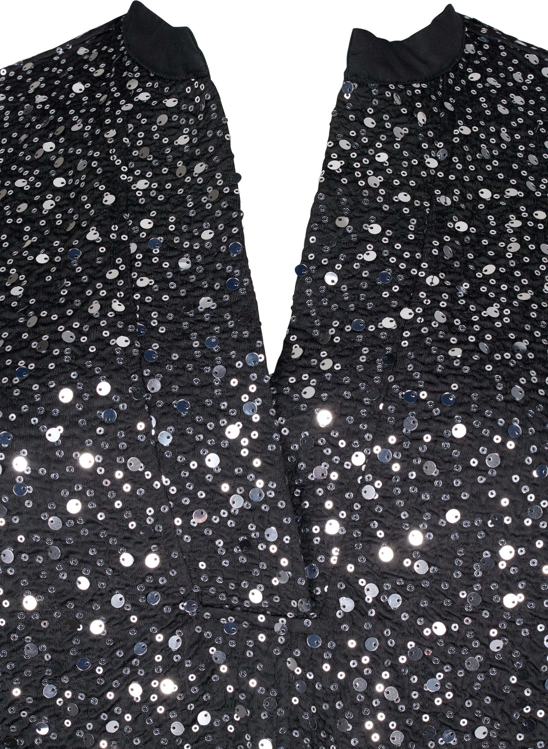 Zizzi Robe &agrave; paillettes avec col en V et manches 3/4, Black w. Sequins, Packshot image number 2