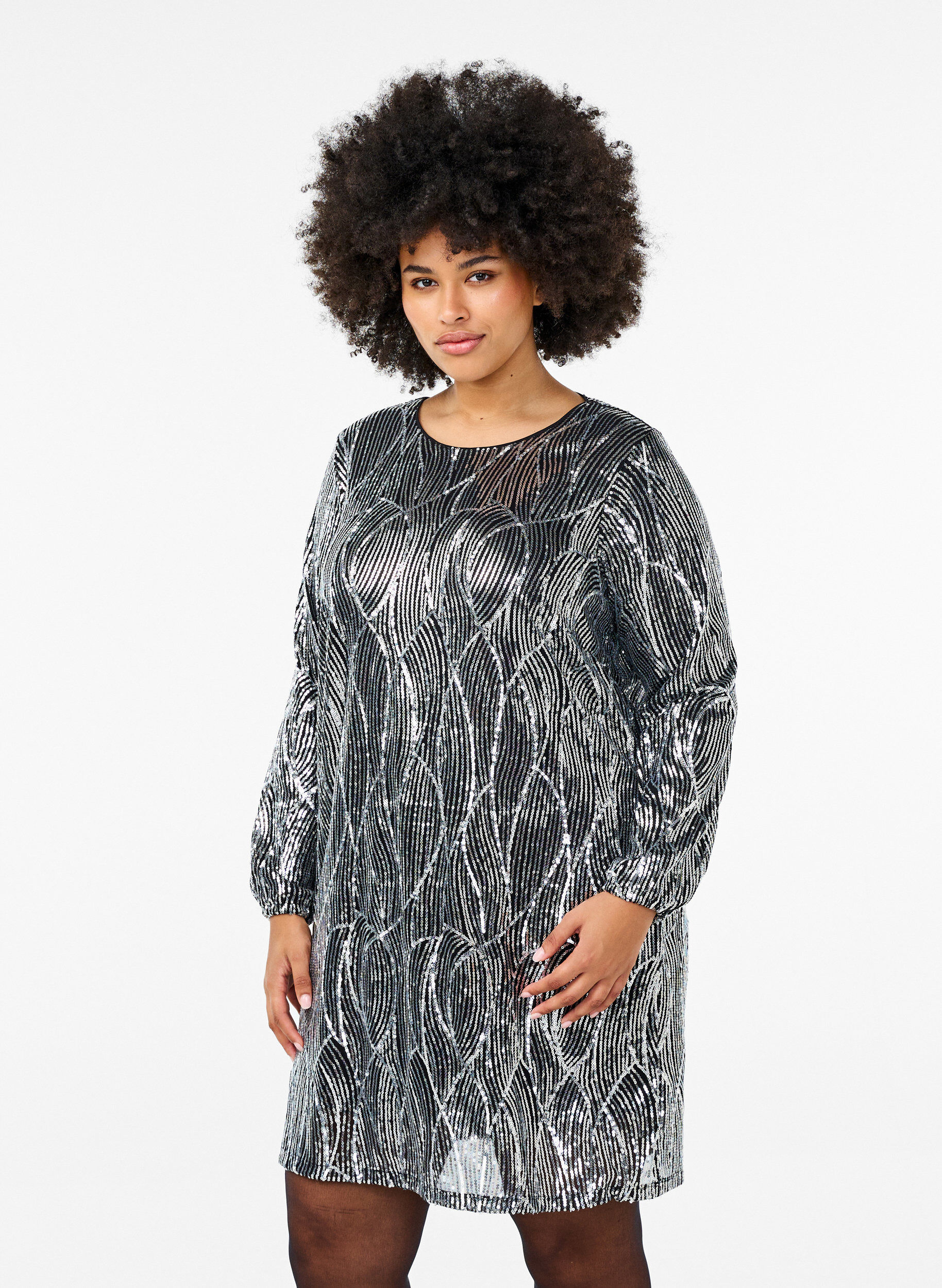 Zizzi Robes &agrave; manches longues avec des paillettes et des motifs, Silver Sequins, Model image number 0