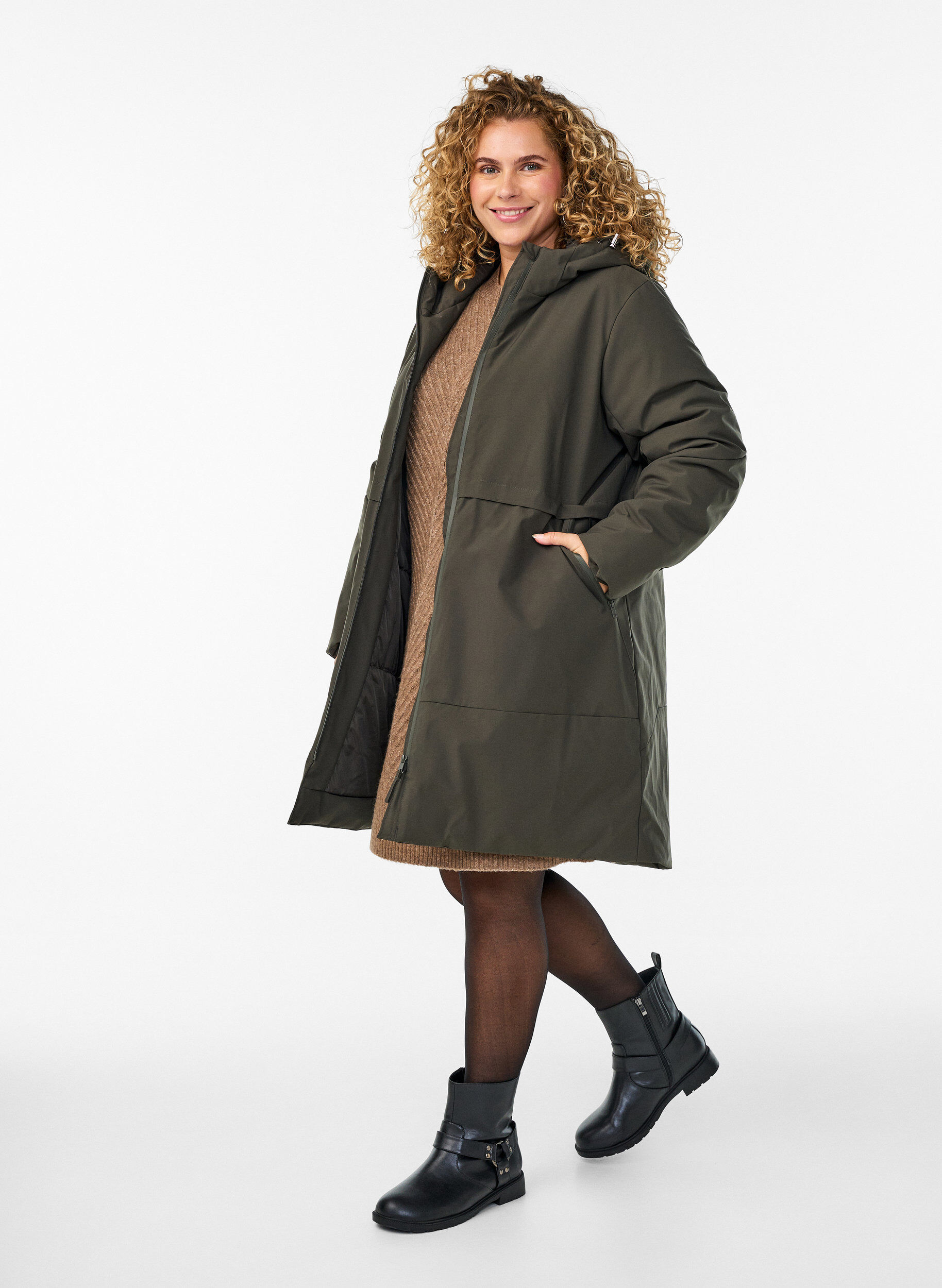 Zizzi Veste d'hiver avec taille ajustable, Vert, Model image number 1