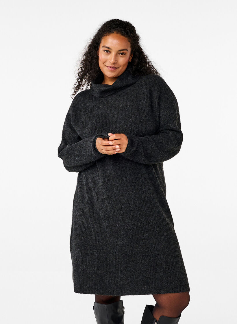 Robe en tricot et &agrave; col roul&eacute;, Gris anthracite, Model image number 0