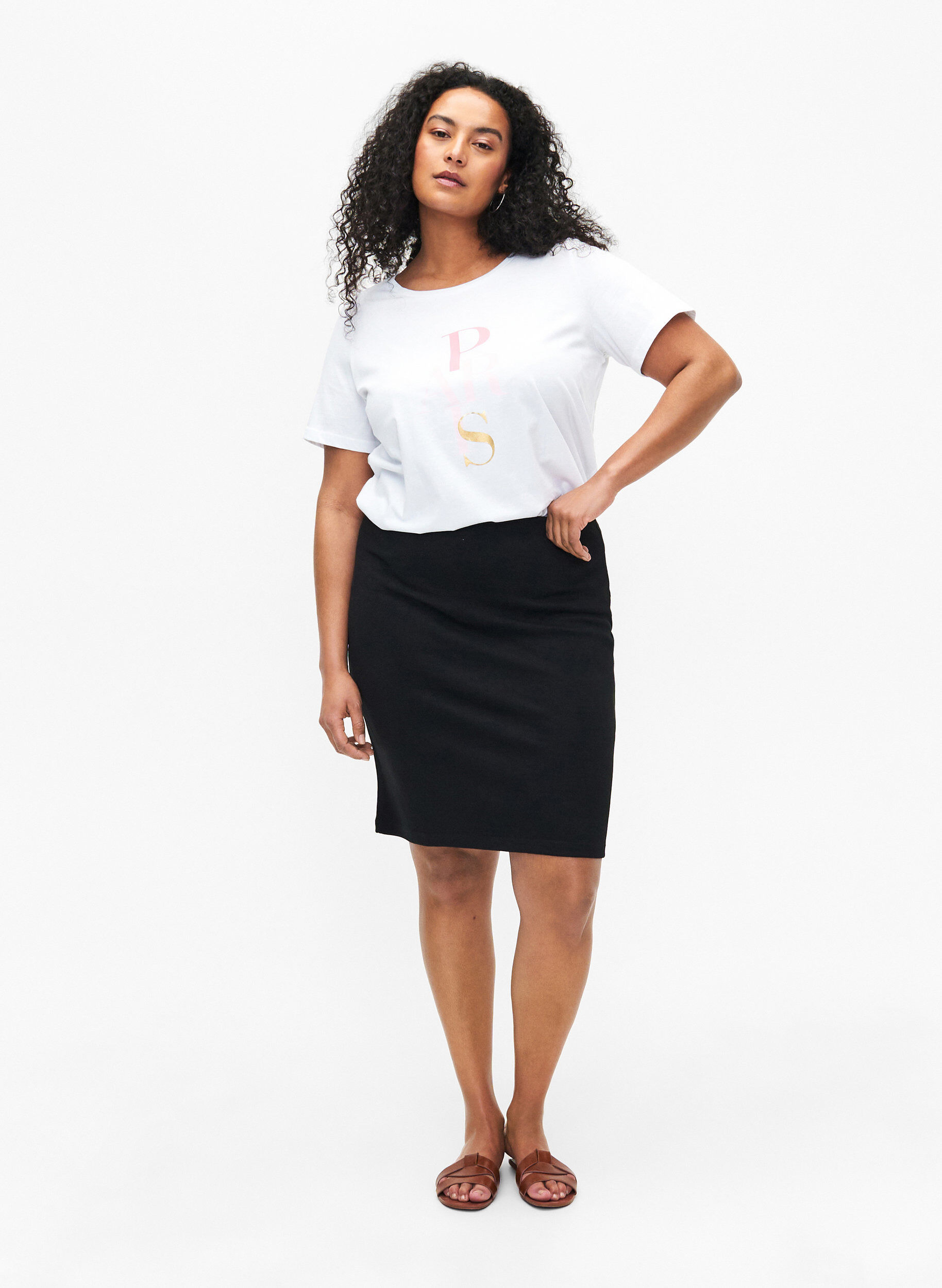 Zizzi T-shirt en coton avec imprim&eacute; texte, B. White w. Paris, Model image number 2