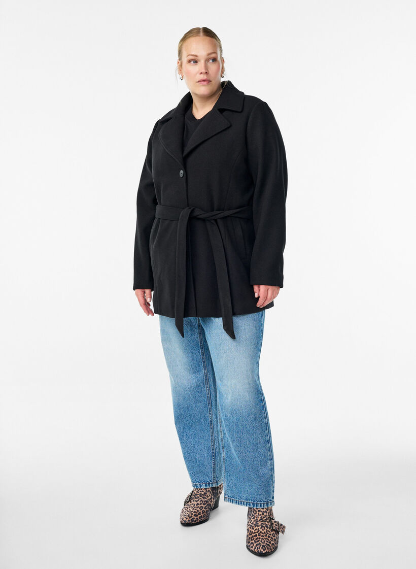 Manteau court avec une ceinture, Noir, Model image number 1