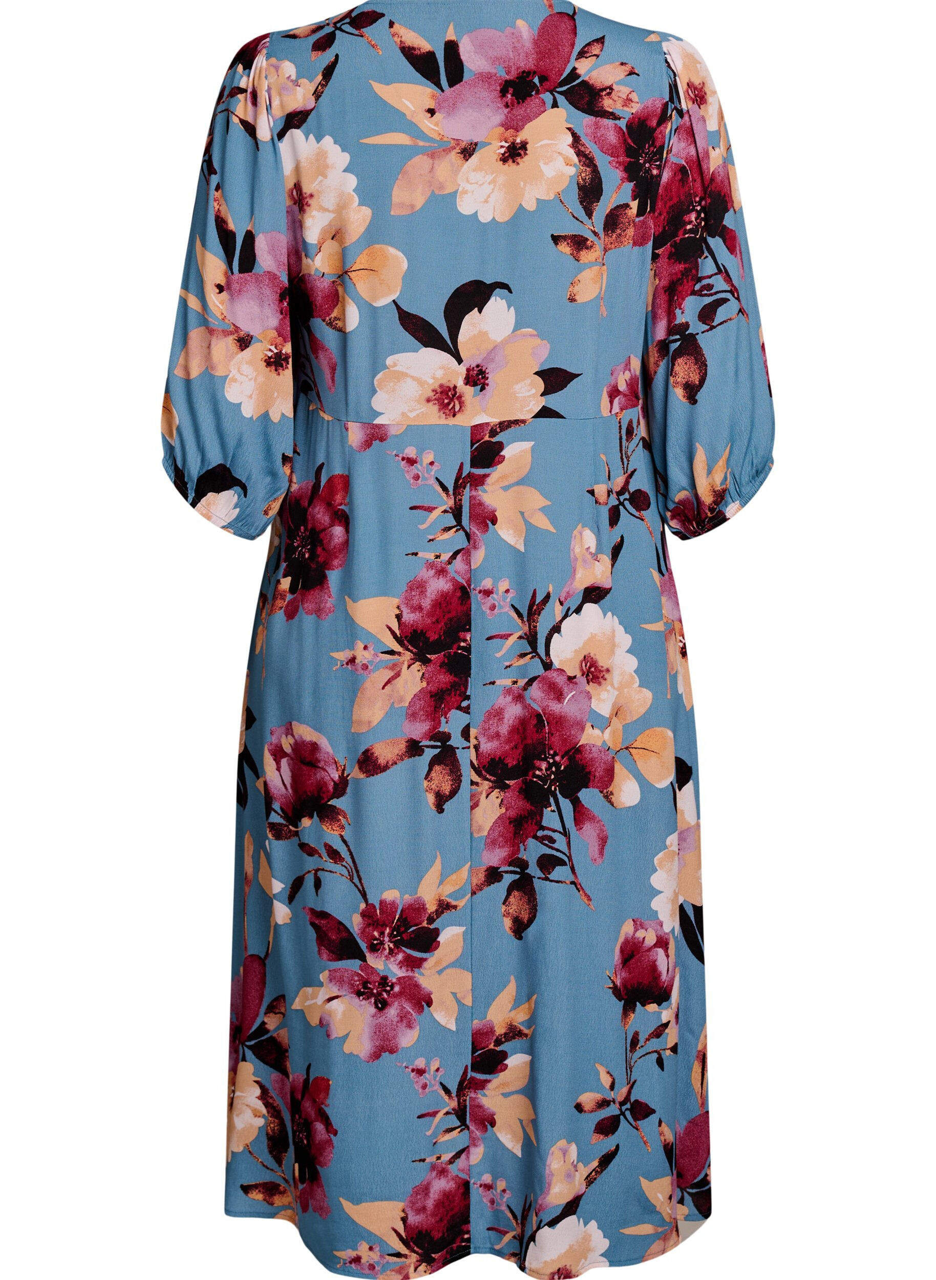 Zizzi Robe mi-longue avec imprim&eacute; floral et manches 3/4, Bleu, Packshot image number 1