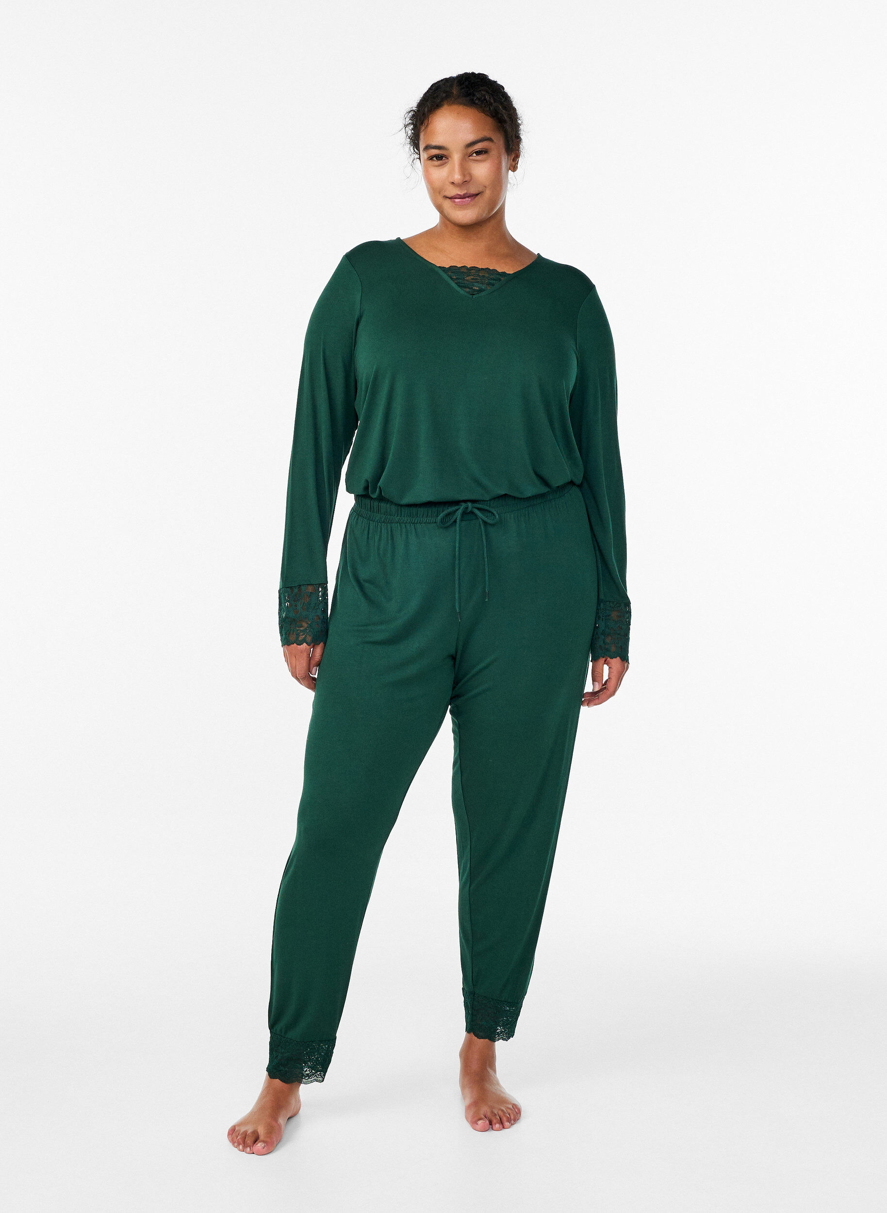 Pantalon de pyjama &agrave; taille haute et finitions dentelle, Vert fonc&eacute;, Model
