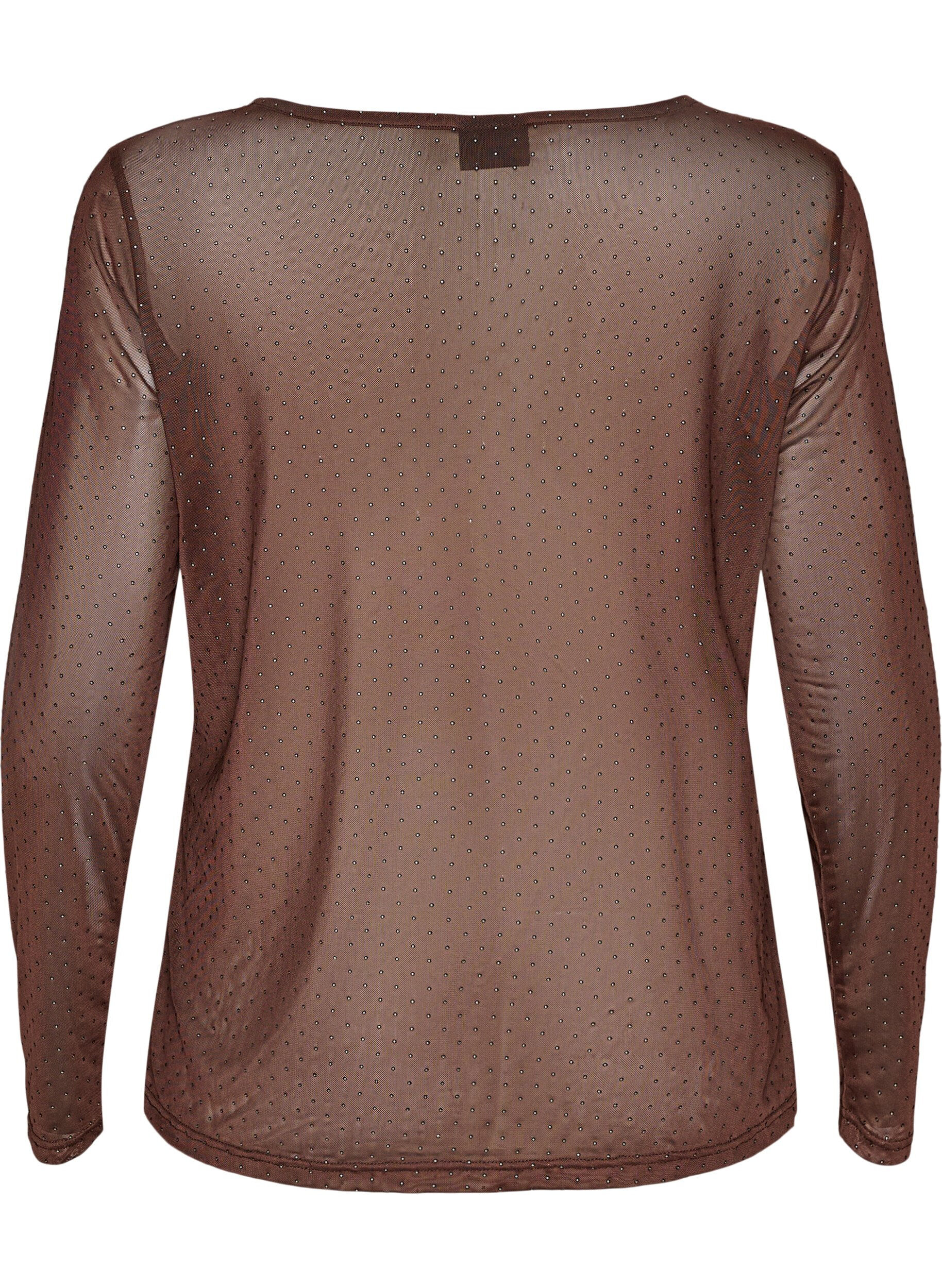 ZizziBlouse en maille transparente avec strass, Marron, Packshot image number 1