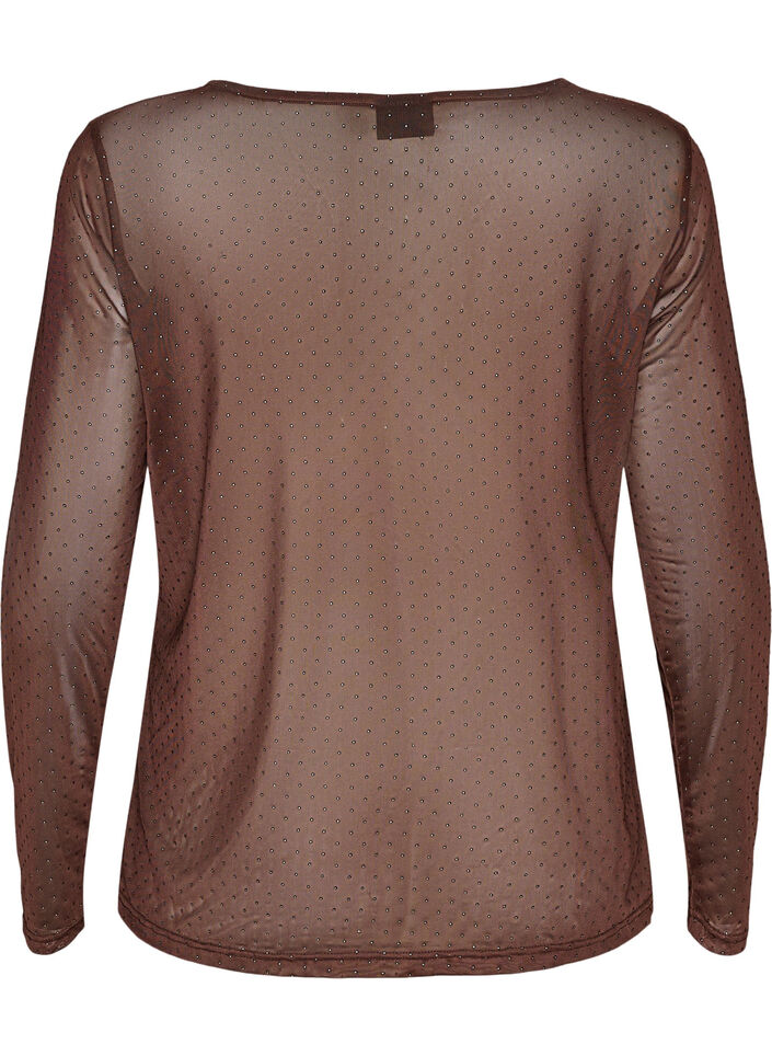 Blouse en maille transparente avec strass, Marron, Packshot image number 1