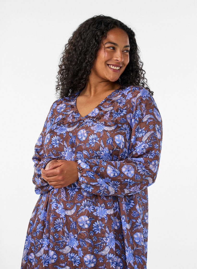 Robe midi &agrave; imprim&eacute; floral avec ourlet &agrave; volants, Marron, Model image number 2