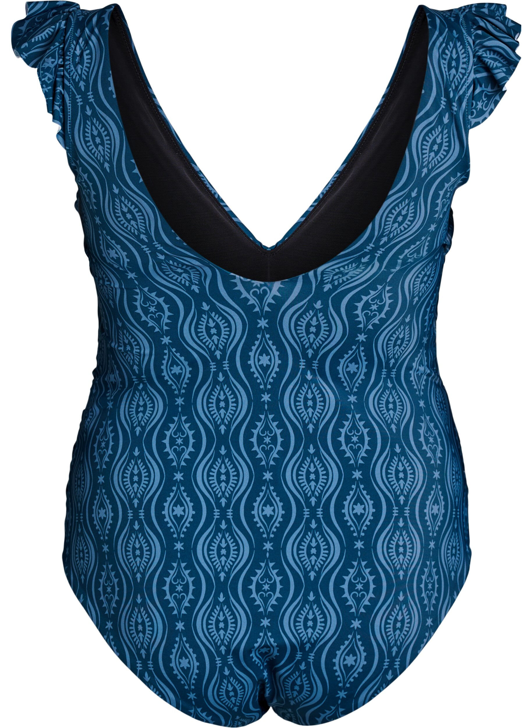 Zizzi Maillot de bain imprim&eacute; avec volants et drap&eacute;, Bleu p&eacute;trole, Packshot image number 1