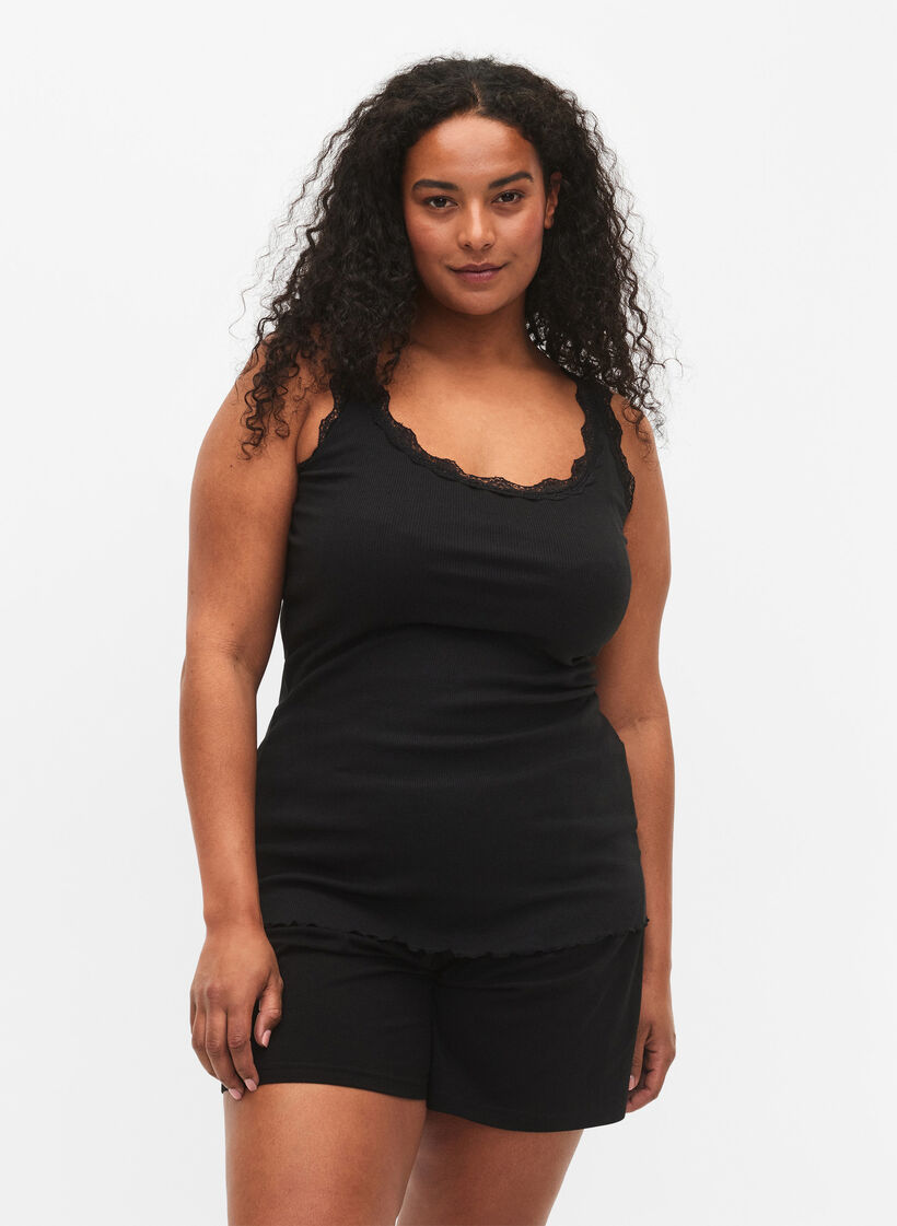 Haut avec bordure en dentelle, Noir, Model image number 0
