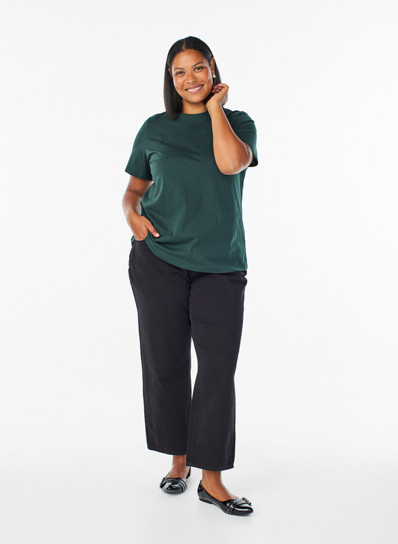 T-shirt basique en coton à col rond, Vert foncé, Model image number 1