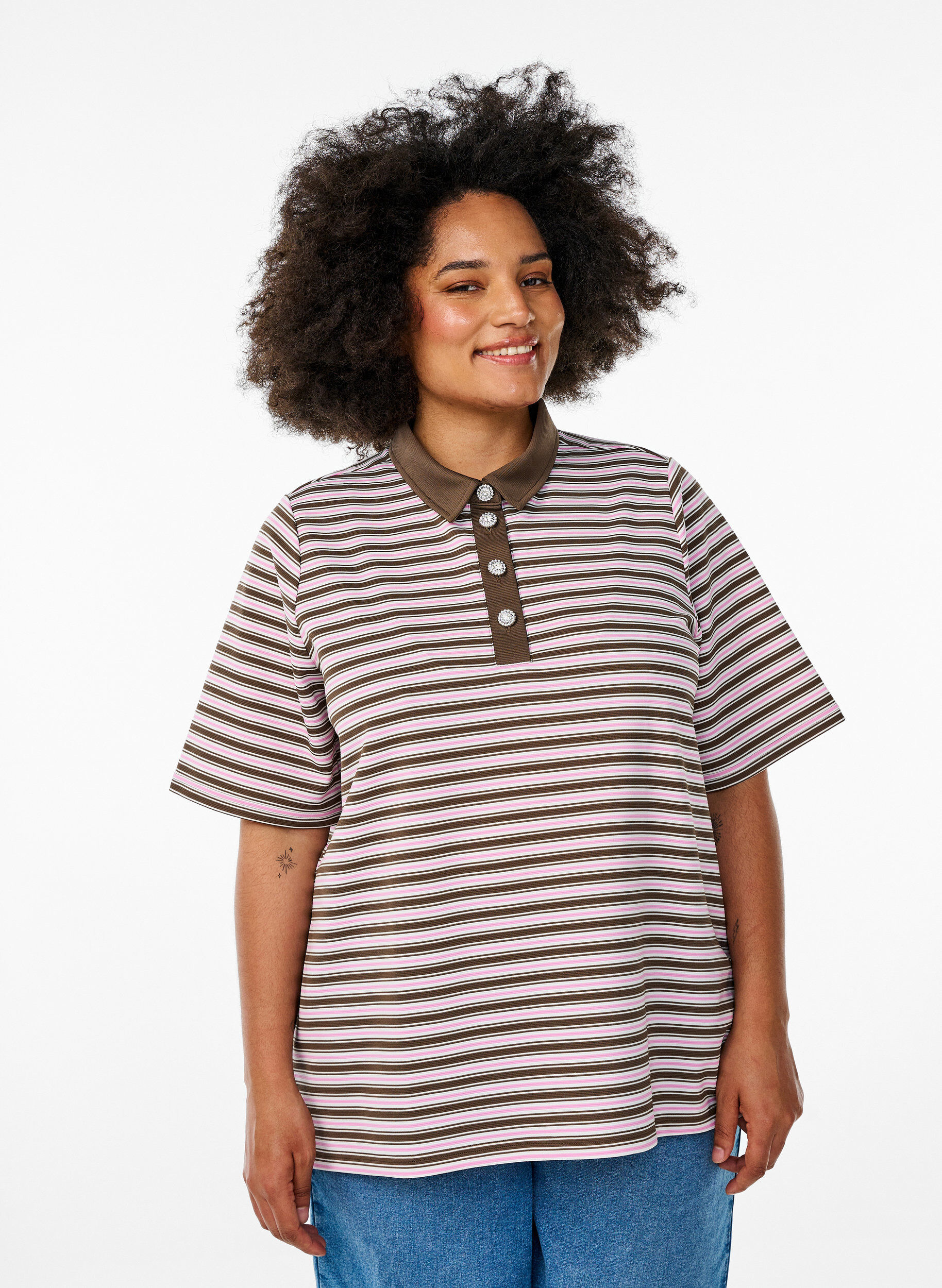 Polo ray&eacute; &agrave; manches courtes et boutons, Marron, Model