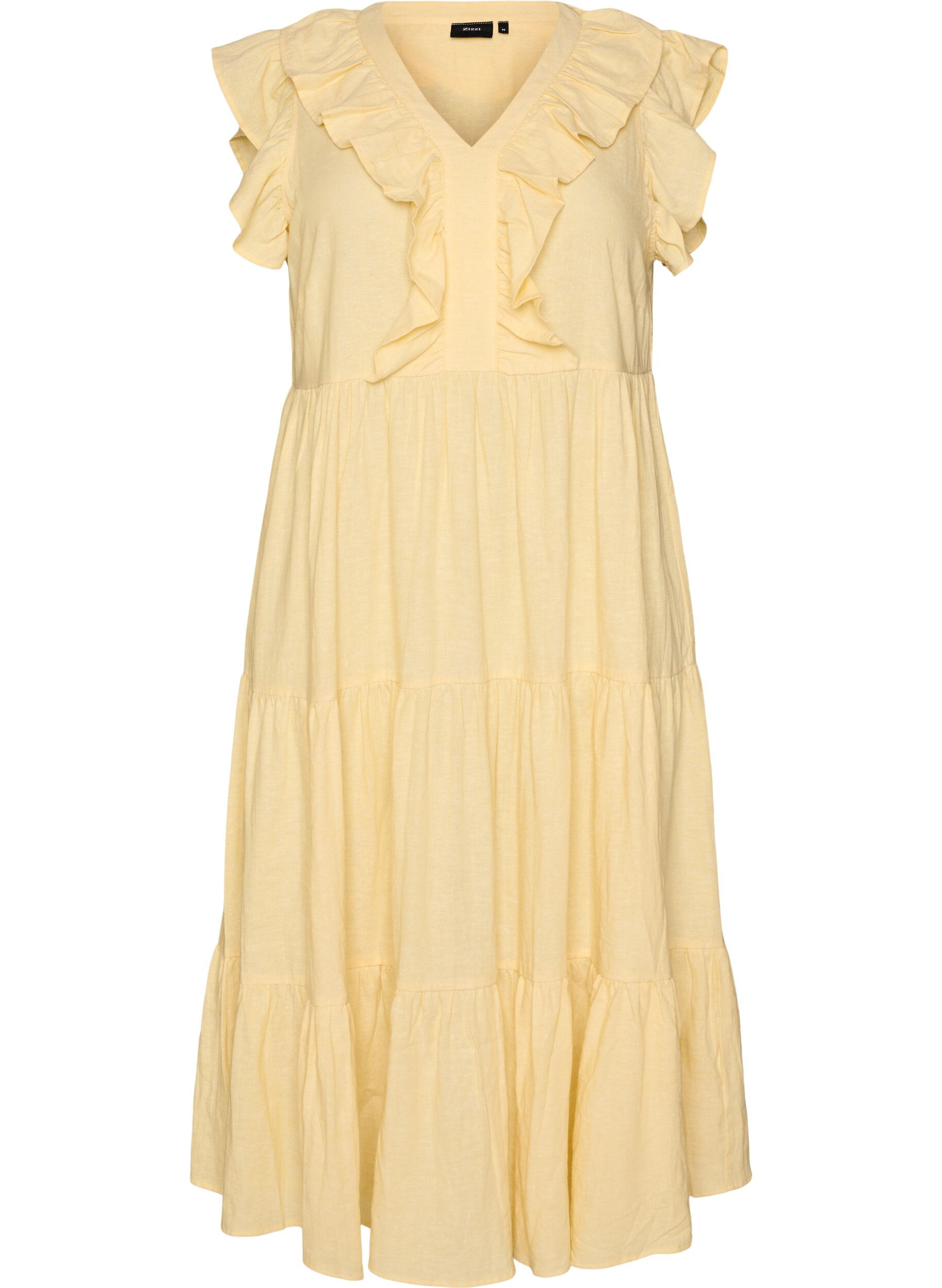 Zizzi Robe midi sans manches en lin et viscose avec volants, Jaune clair, Packshot image number 0