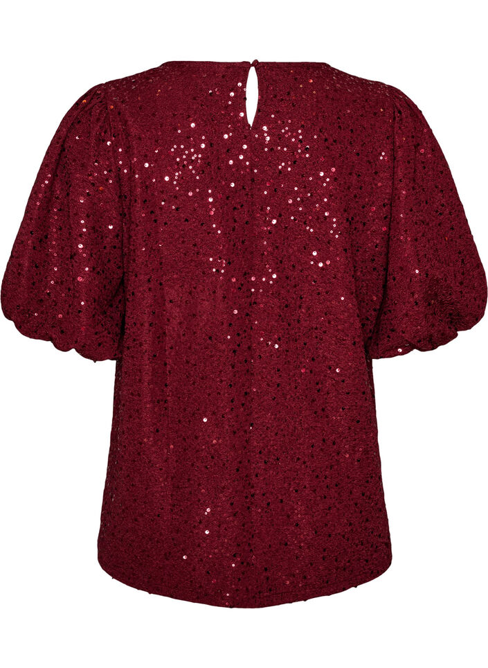 Blouse &agrave; sequins avec manches ballon, Bordeaux, Packshot image number 1