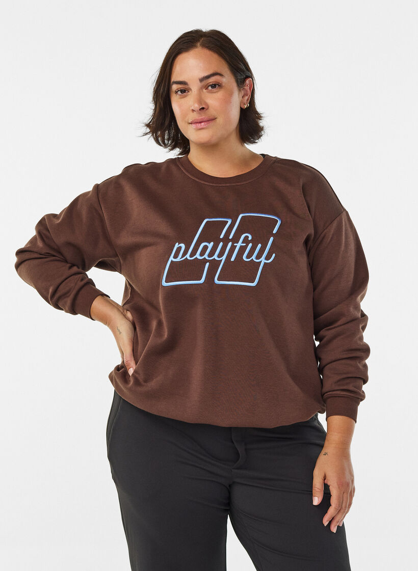 Sweat-shirt avec texte brodé, Marron, Model image number 0