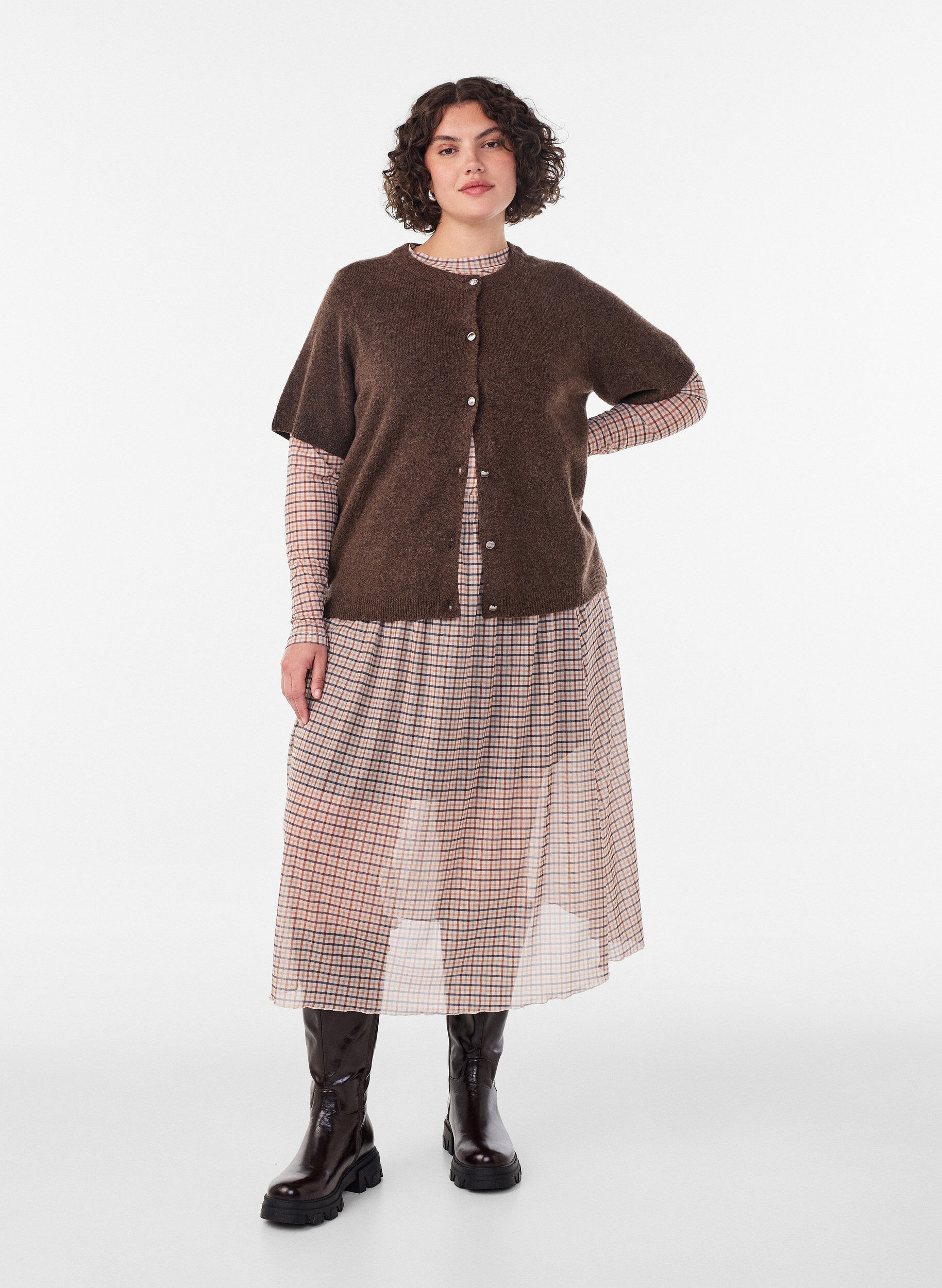 Blouse en maille &agrave; carreaux, Beige, Model