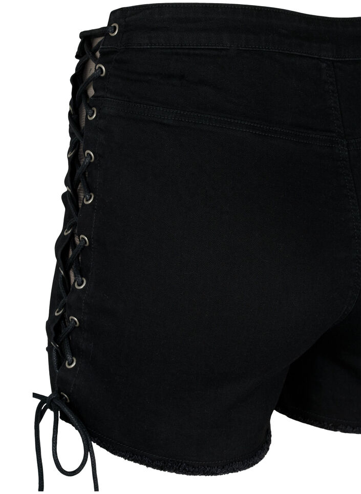 Short en denim déchiré avec cordon de serrage, Black Denim, Packshot image number 3