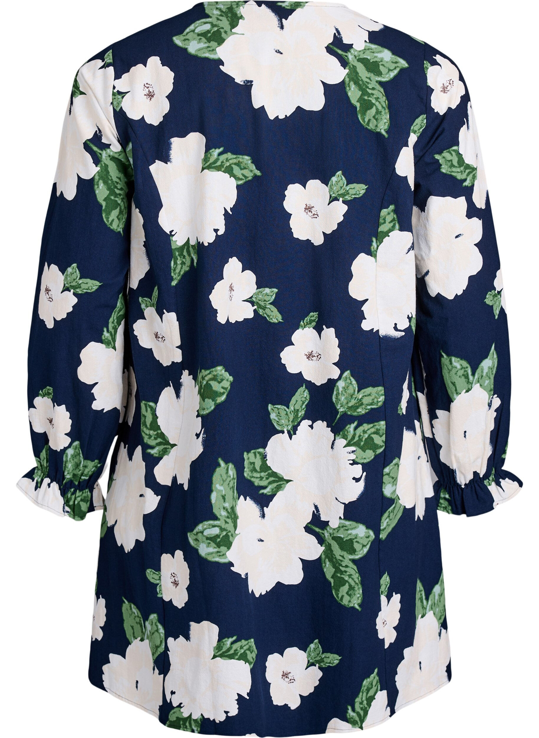 Zizzi Robe courte en coton avec col V et manches longues, Bleu, Packshot image number 1