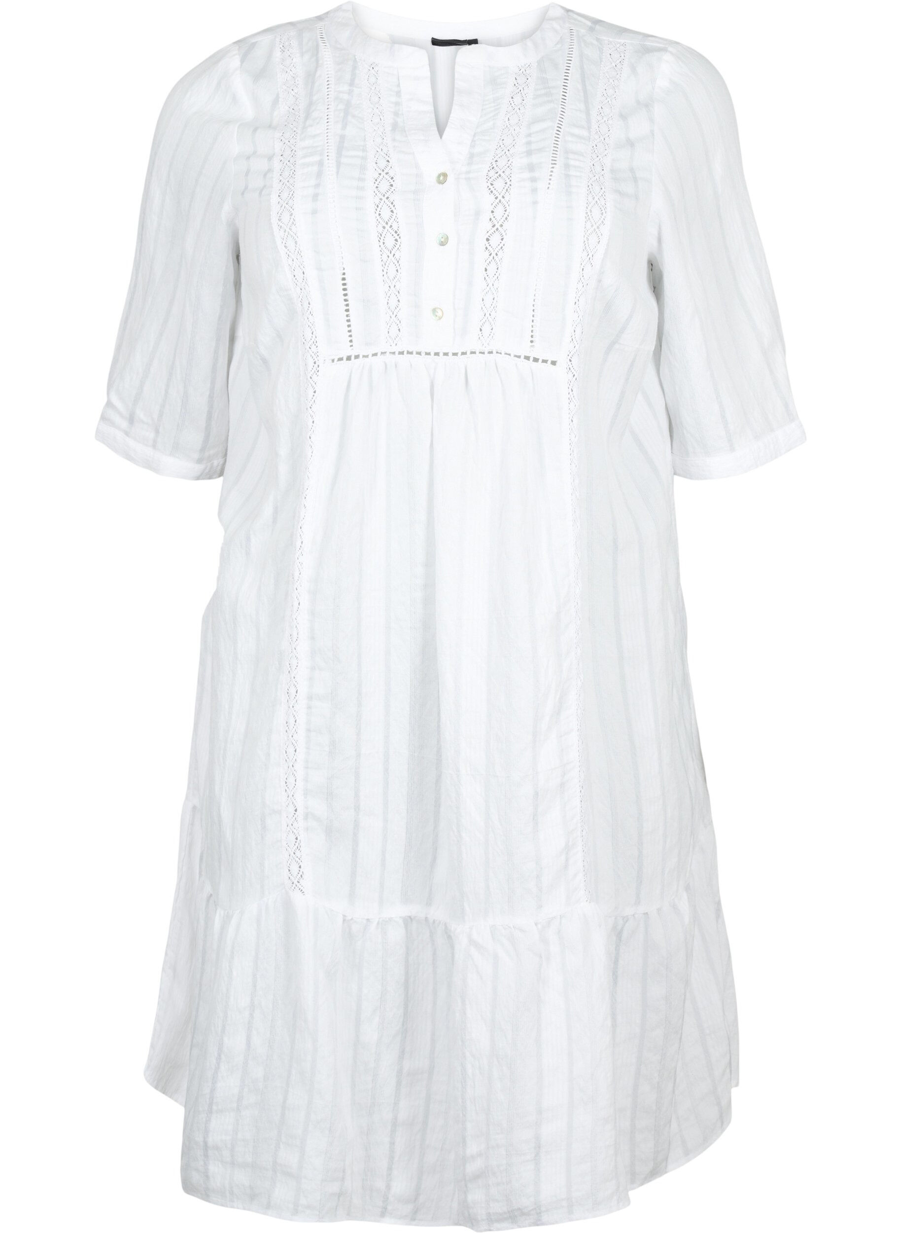 Zizzi Robe en viscose ray&eacute;e avec ruban en dentelle, Bright White, Packshot image number 0