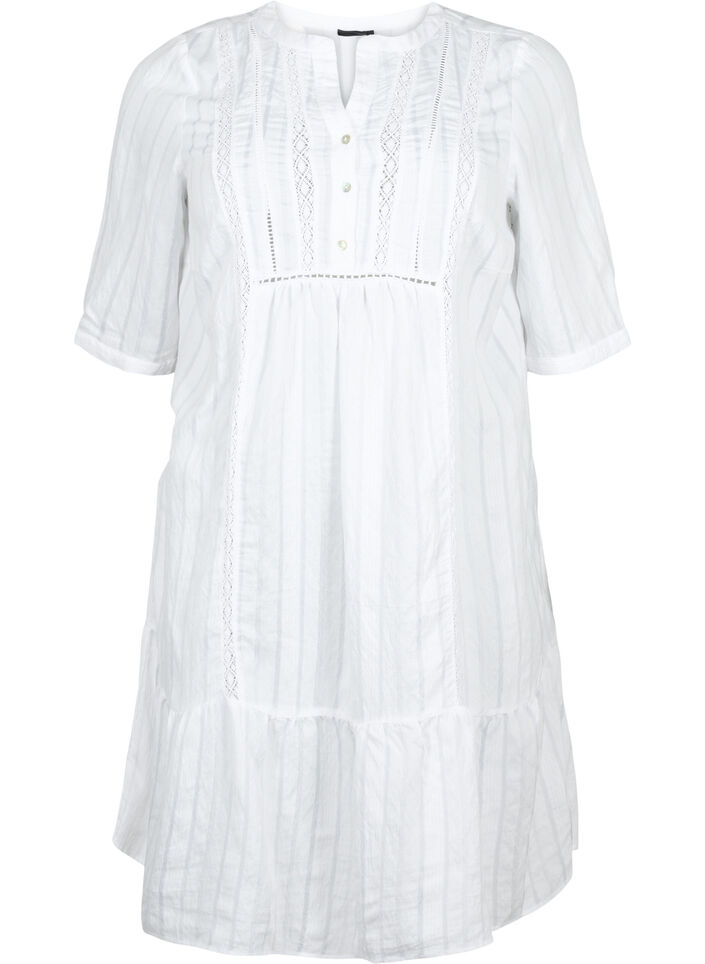 Robe en viscose rayée avec ruban en dentelle, Bright White, Packshot image number 0