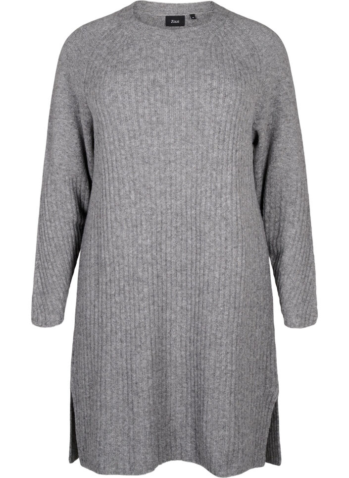 Robe en tricot côtelé avec fente, Light Grey Melange, Packshot image number 0