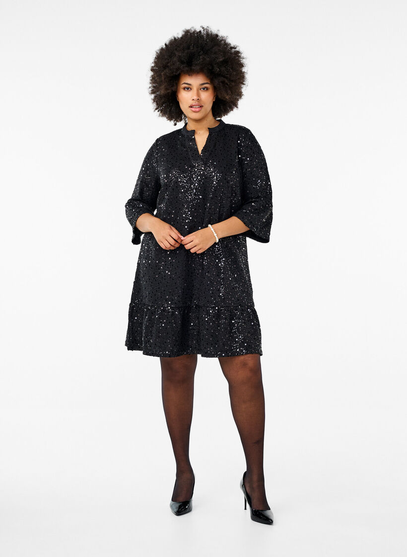 Robe à paillettes avec col en V et manches 3/4, Black w. Bl. Sequins, Model image number 2