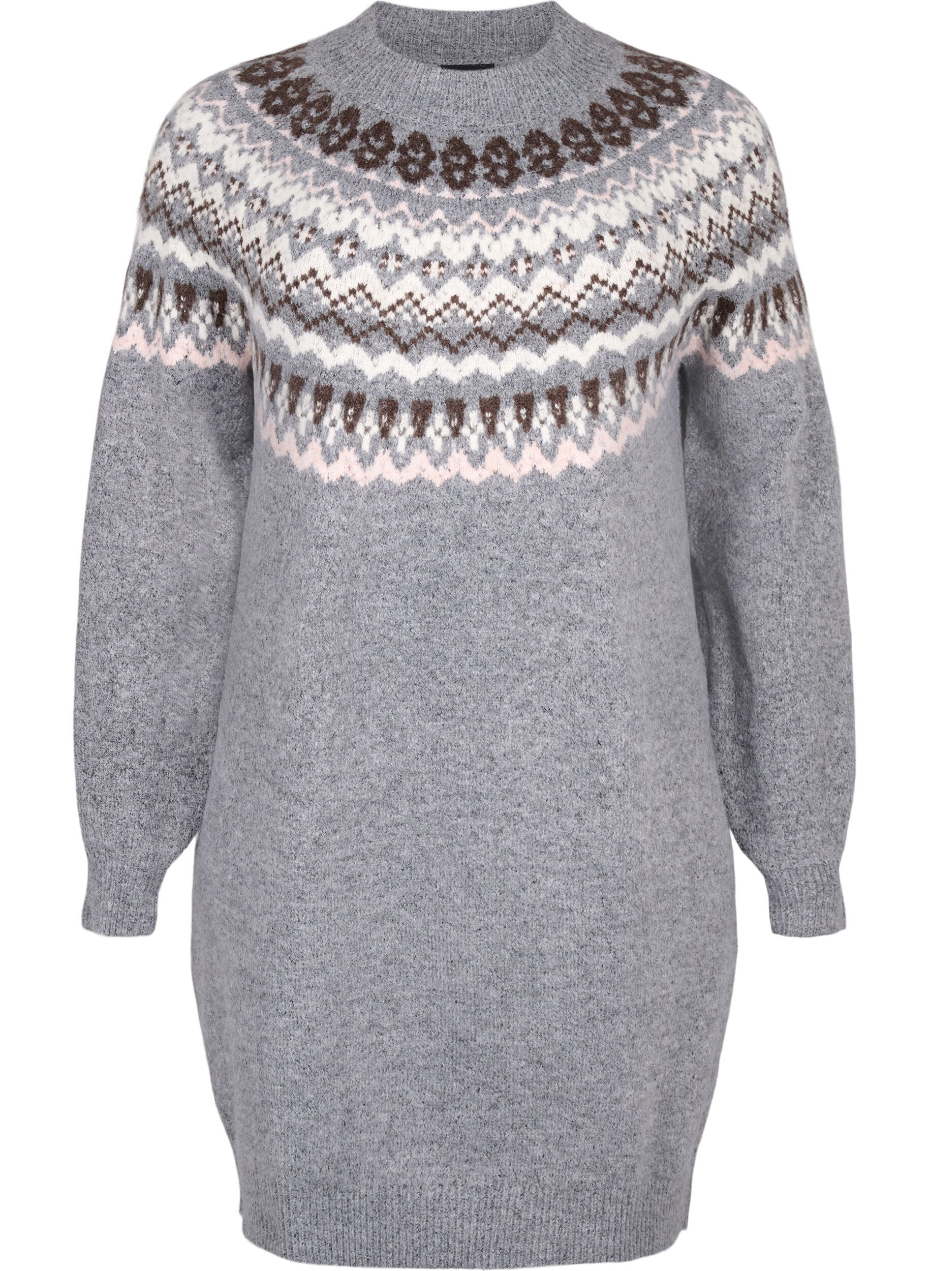 Zizzi Robe en maille &agrave; motif jacquard et manches longues, Medium Grey Comb, Packshot image number 0