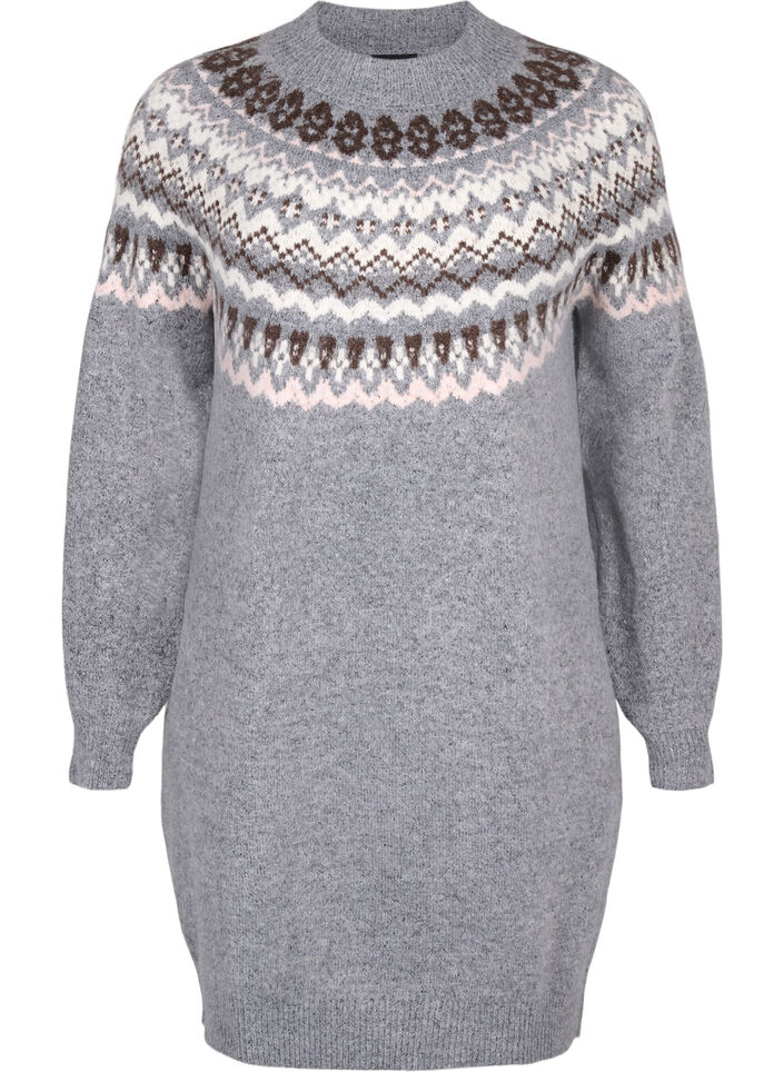 Robe en maille à motif jacquard et manches longues, Medium Grey Comb, Packshot image number 0